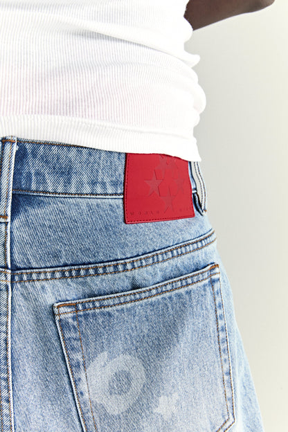 LIGHT BLUE WASH BELUGA DENIM ON MODEL