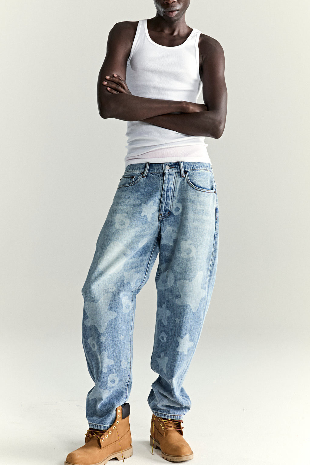 LIGHT BLUE WASH BELUGA DENIM ON MODEL