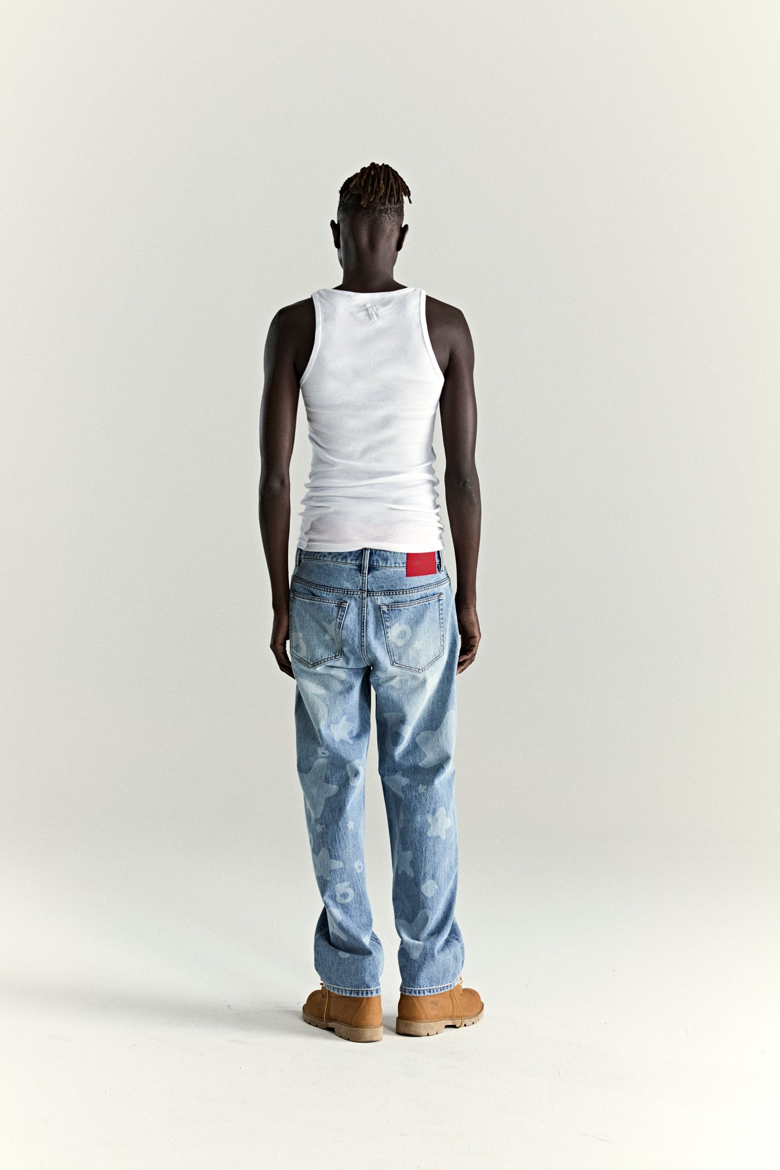LIGHT BLUE WASH BELUGA DENIM ON MODEL