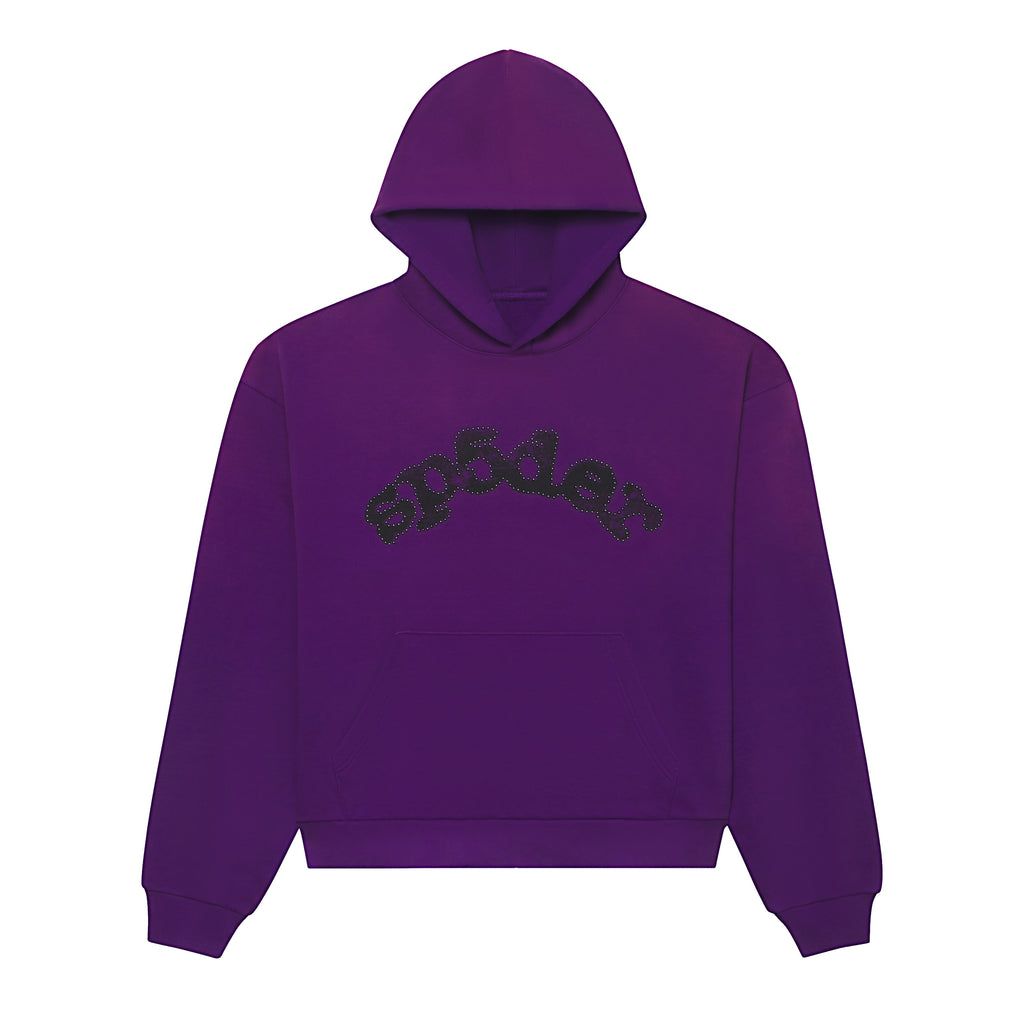 Faded purple cotton fleece hoodie featuring a black studded OG logo graphic, kangaroo pocket, and ribbed cuffs.