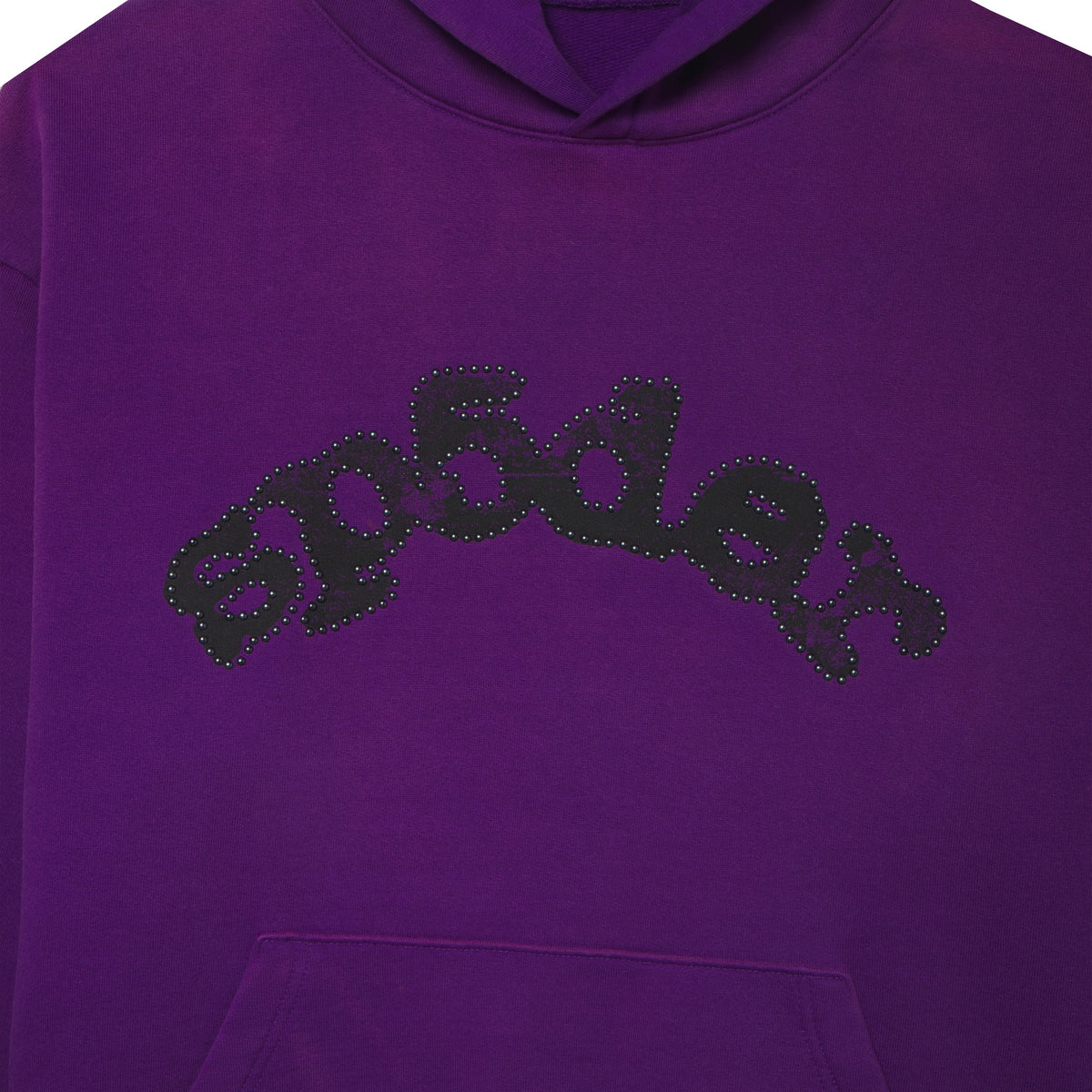 Faded purple cotton fleece hoodie featuring a black graphic logo outlined with metallic studs.