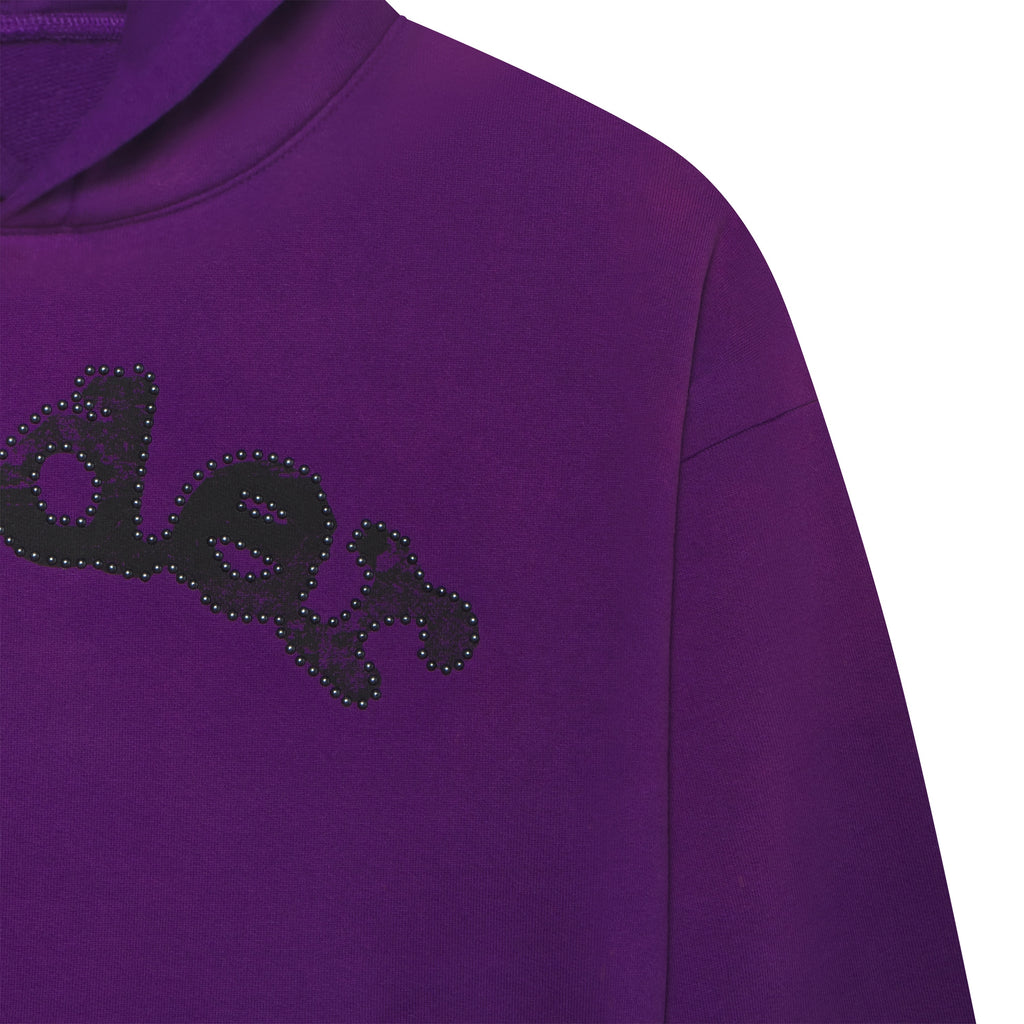 Faded purple cotton fleece hoodie featuring a black graphic logo with studded detailing.
