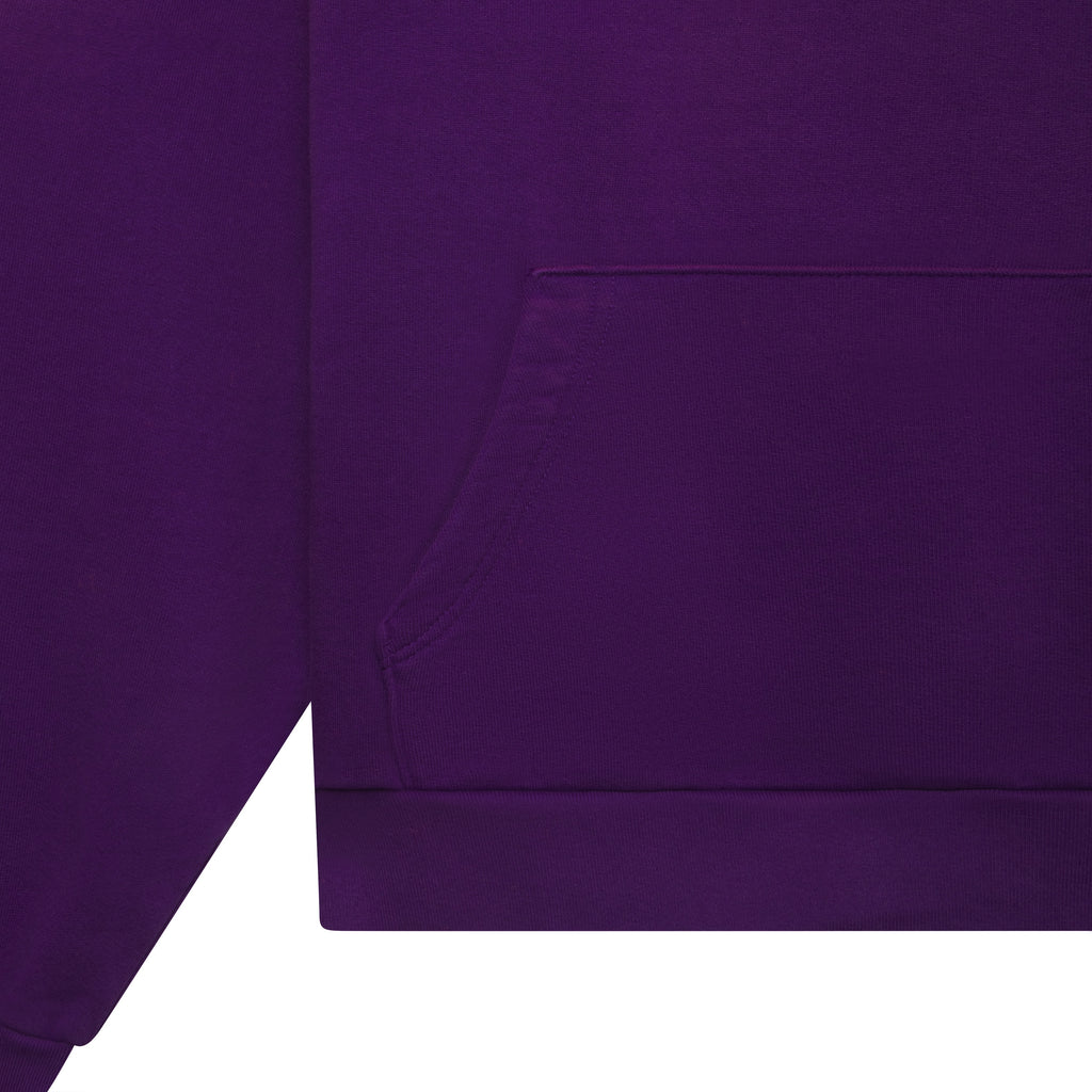 Deep purple 13oz cotton fleece hoodie featuring a kangaroo pocket and rib knit hem.