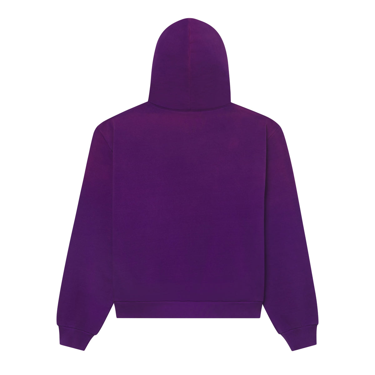 Back view of a purple 13oz cotton fleece hoodie with a faded wash, featuring rib knit hem and cuffs.