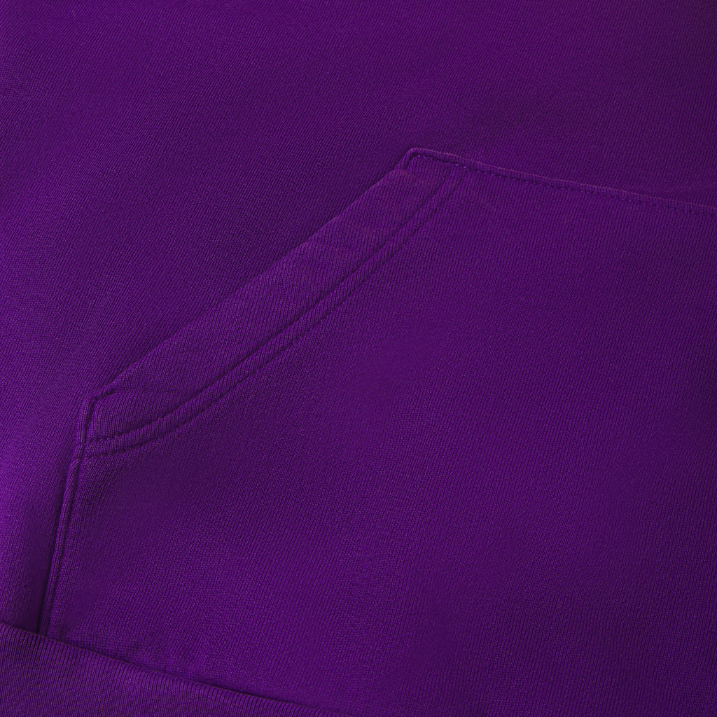 Deep purple 13oz cotton fleece hoodie featuring a faded wash texture and a functional kangaroo pocket.