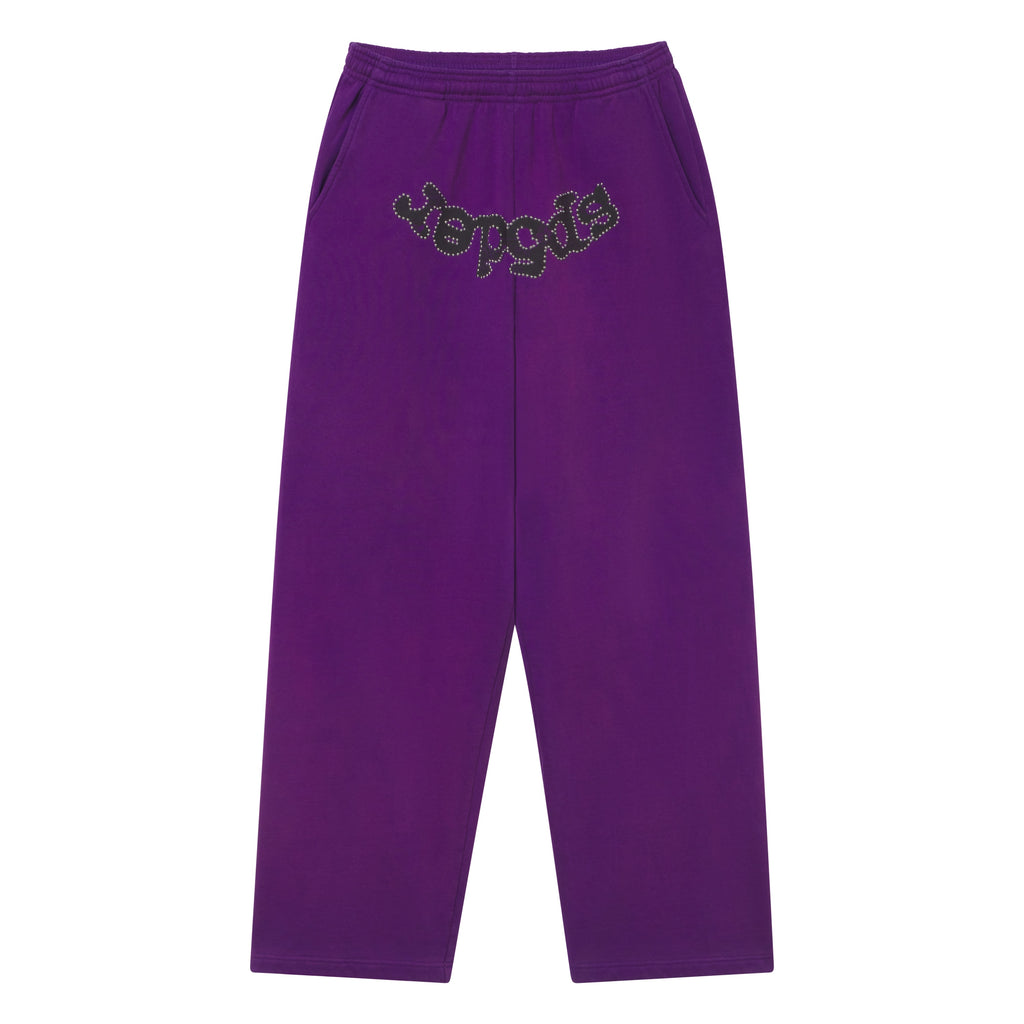 Purple wide-leg cotton fleece sweatpants with a studded OG logo graphic and elasticized drawstring waistband.