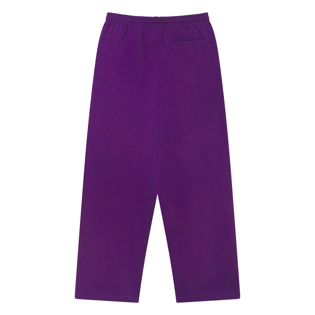 Purple wide-leg cotton fleece sweatpants with an elasticized waistband and a back pocket.