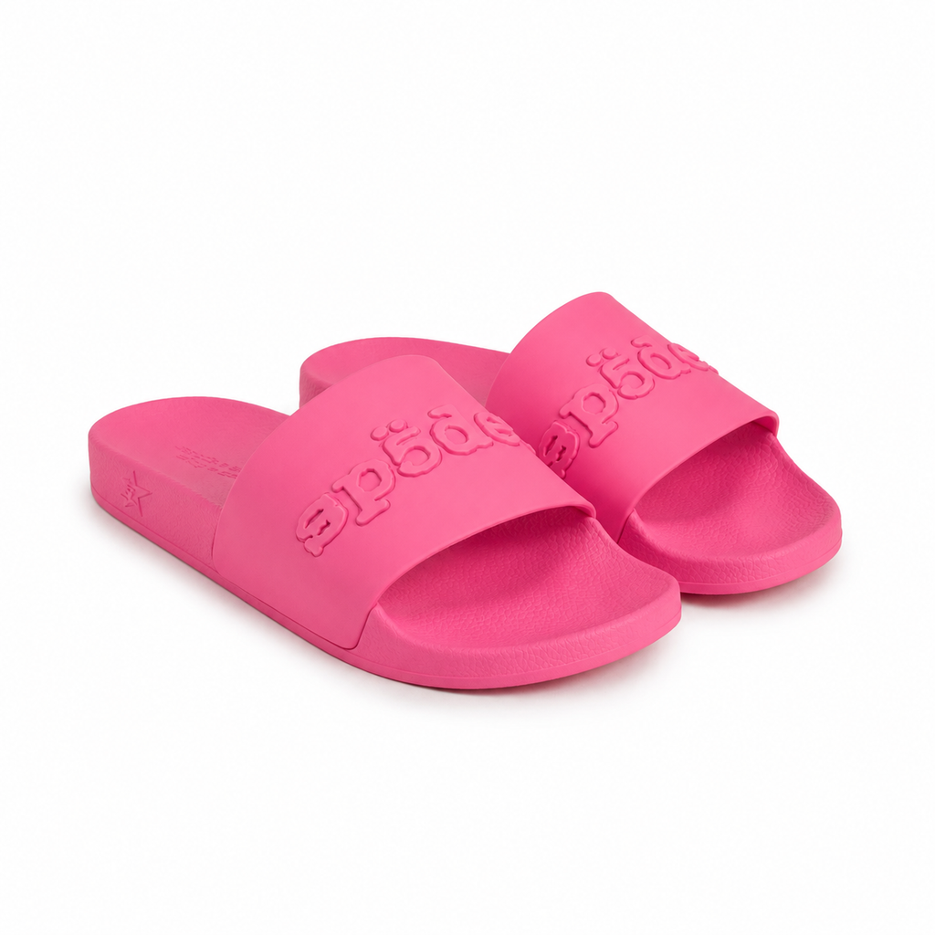 Diablo Pink rubber slides with bonded logo on vamp and web graphic design on treaded sole.