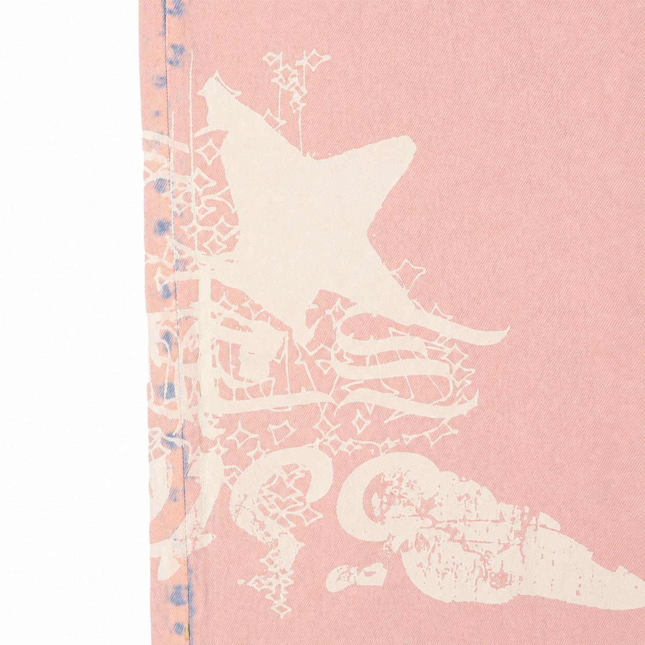 Light pink denim jeans featuring a white star and intricate graphic print on the leg with blue distressed detailing.
