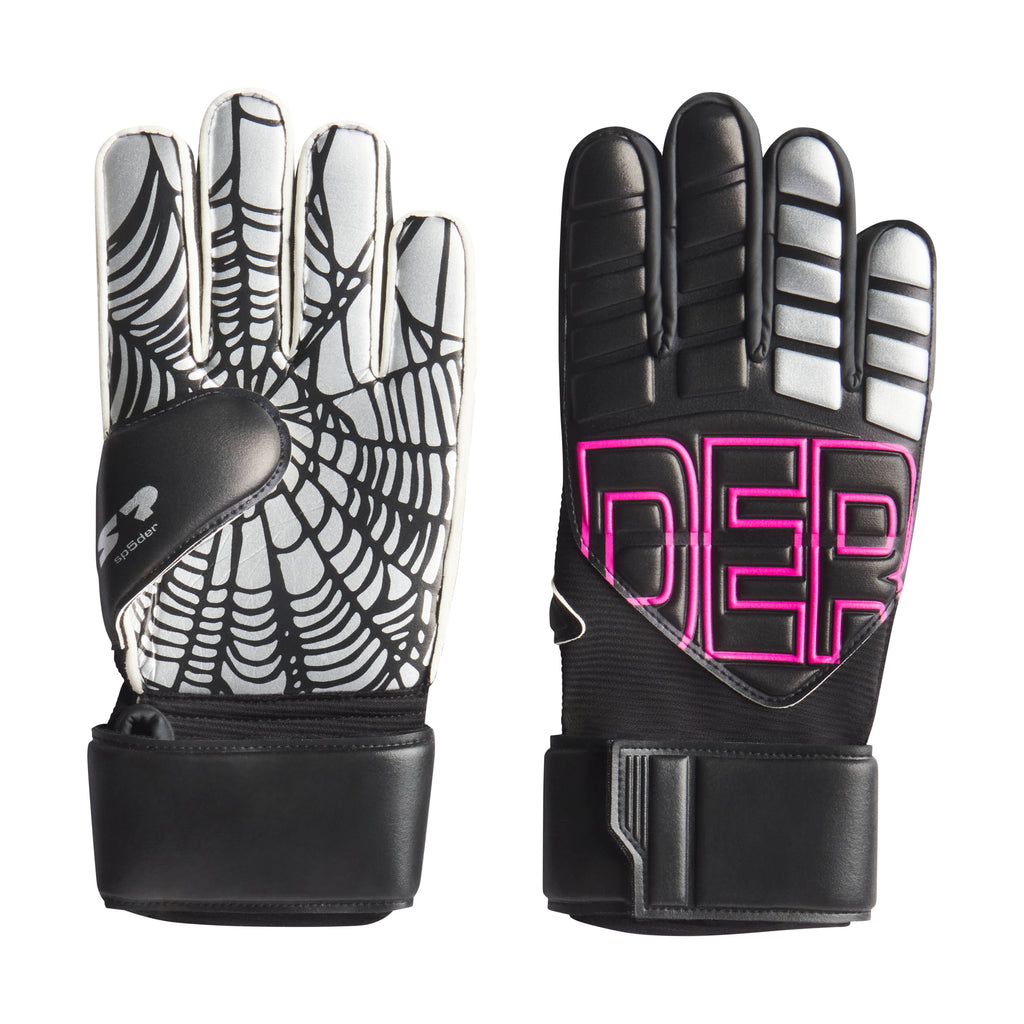 Black SP5DER football glove with pink outline graphic, silver finger details, and a spider web palm print.