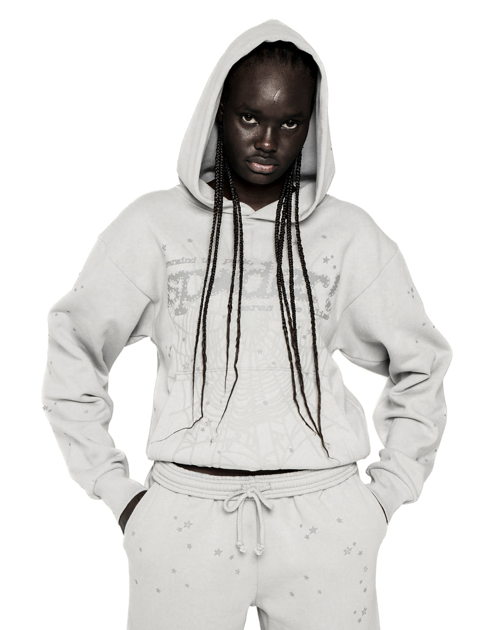 Light grey TONAL PUNK V2 HOODIE with P*NK SP5DER motif, web, and scattered star print.