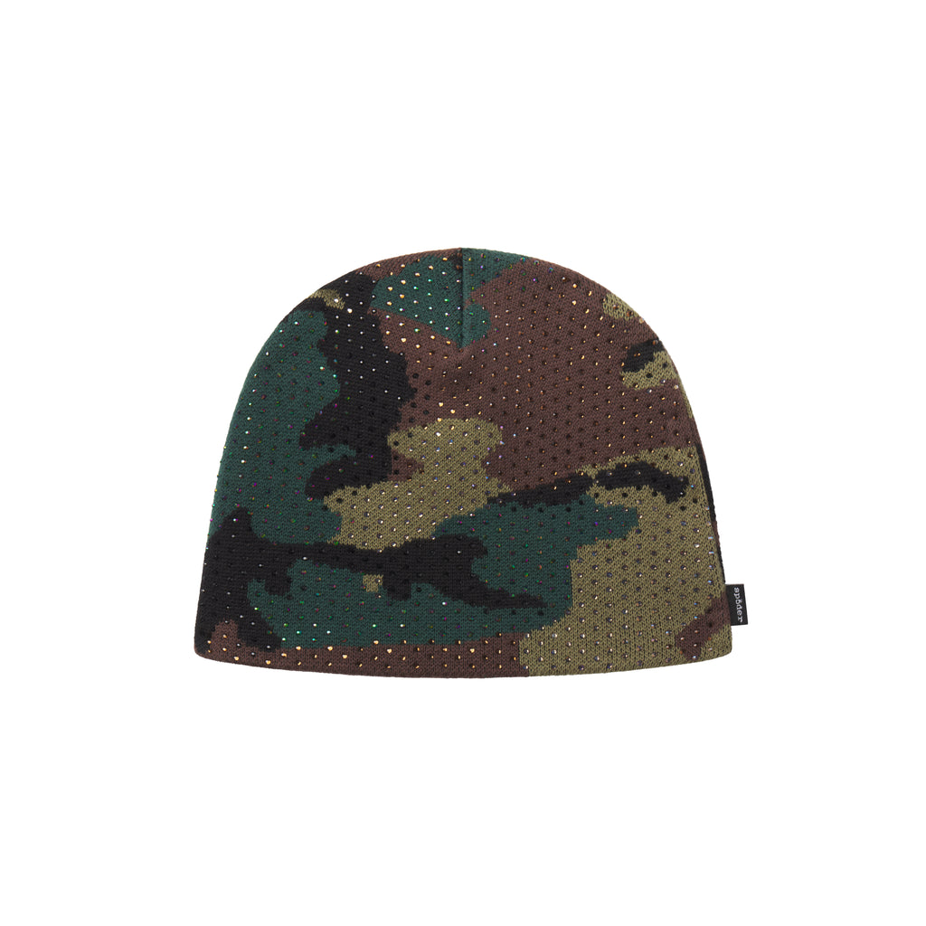 Knit ribbed camo beanie with all-over tonal rhinestone embellishments and a SP5DER flag label.