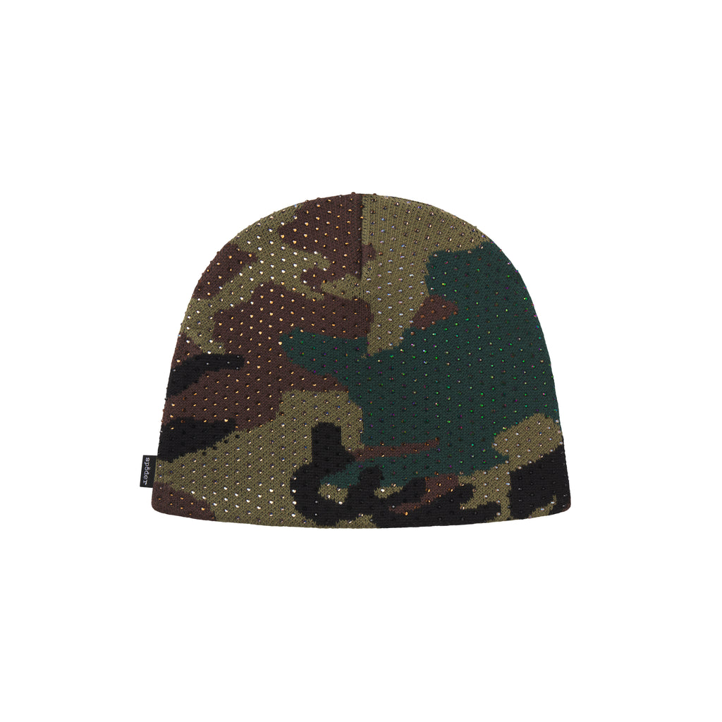 Ribbed knit camo beanie with all-over tonal rhinestone embellishments and a SP5DER flag label.