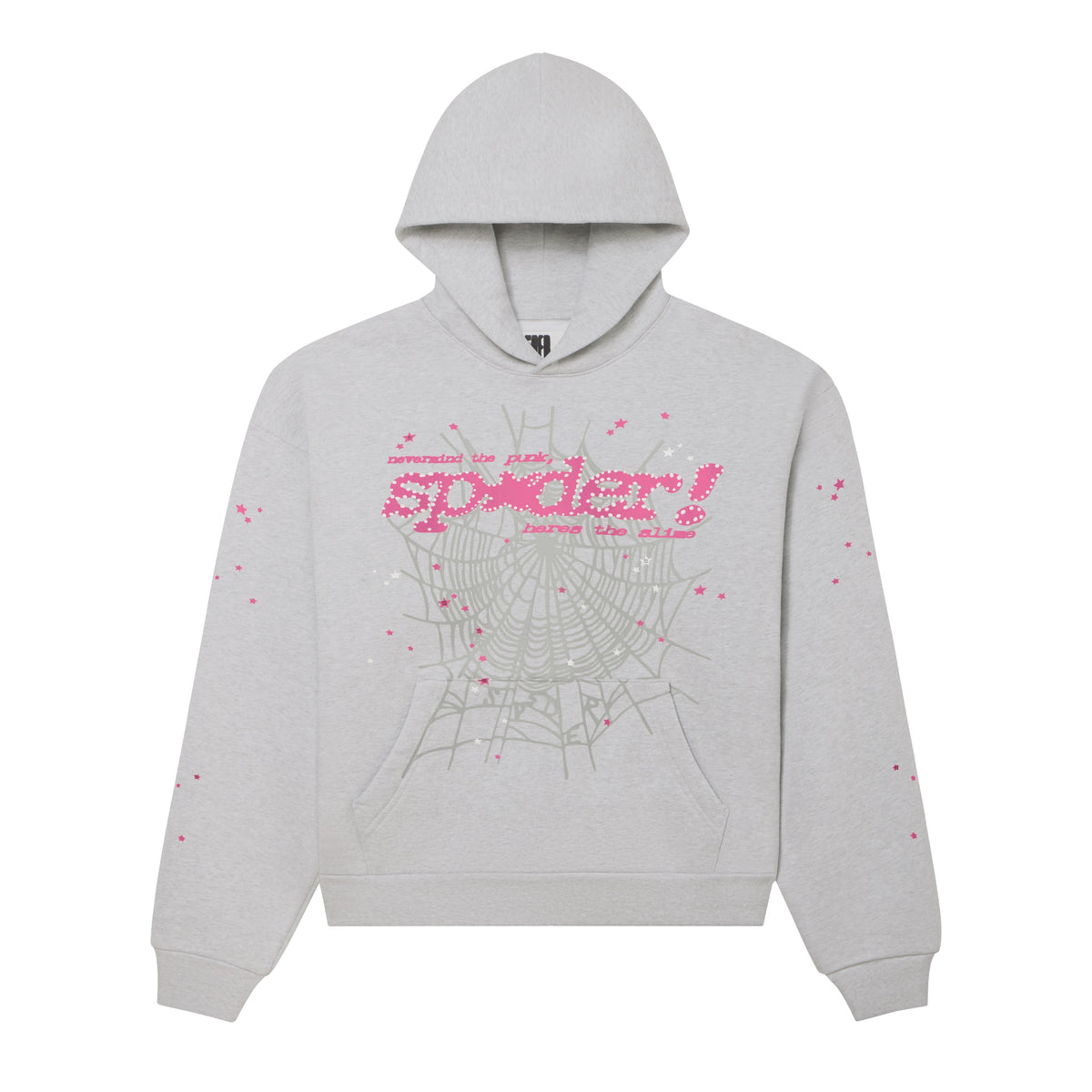 Grey 13oz cotton fleece hoodie with pink SP5DER puff print, web graphic, and scattered star designs.