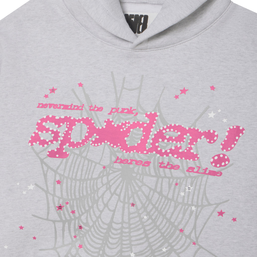 Grey 100% cotton fleece hoodie featuring a pink puff print spider web graphic and scattered star designs.