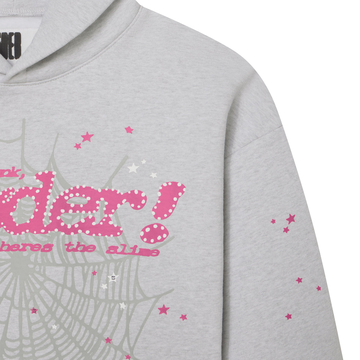 Grey 100% cotton fleece hoodie featuring a pink puff print SP5DER web graphic and scattered star designs.