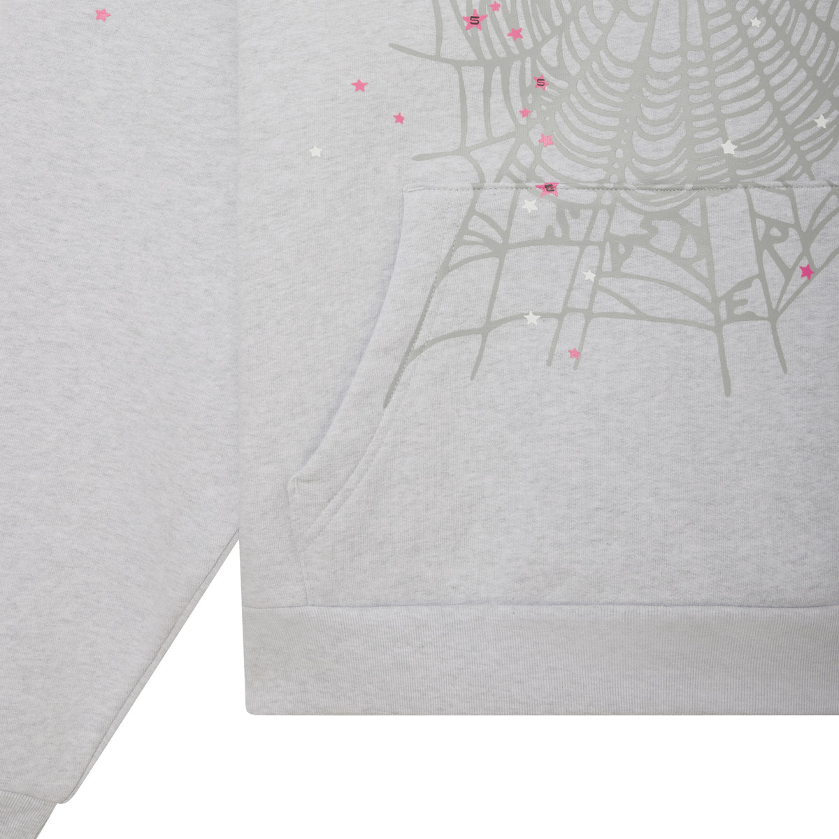 Light grey cotton fleece hoodie featuring a grey spiderweb graphic, pink star accents, and a front kangaroo pocket.