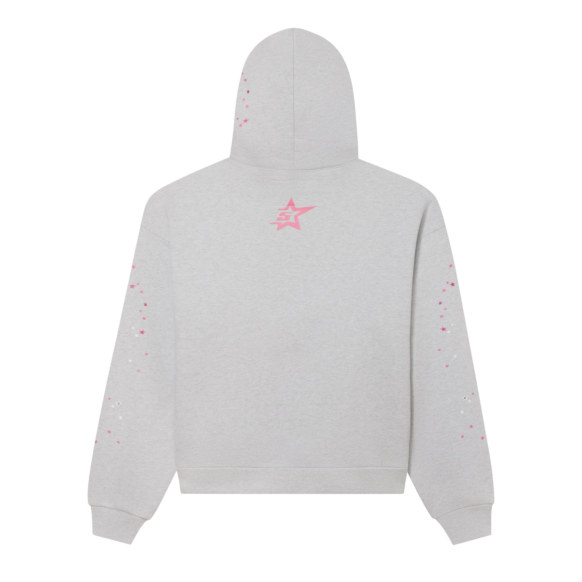 Grey 13oz cotton fleece hoodie featuring a pink 5-star graphic print on the back and scattered star designs throughout.