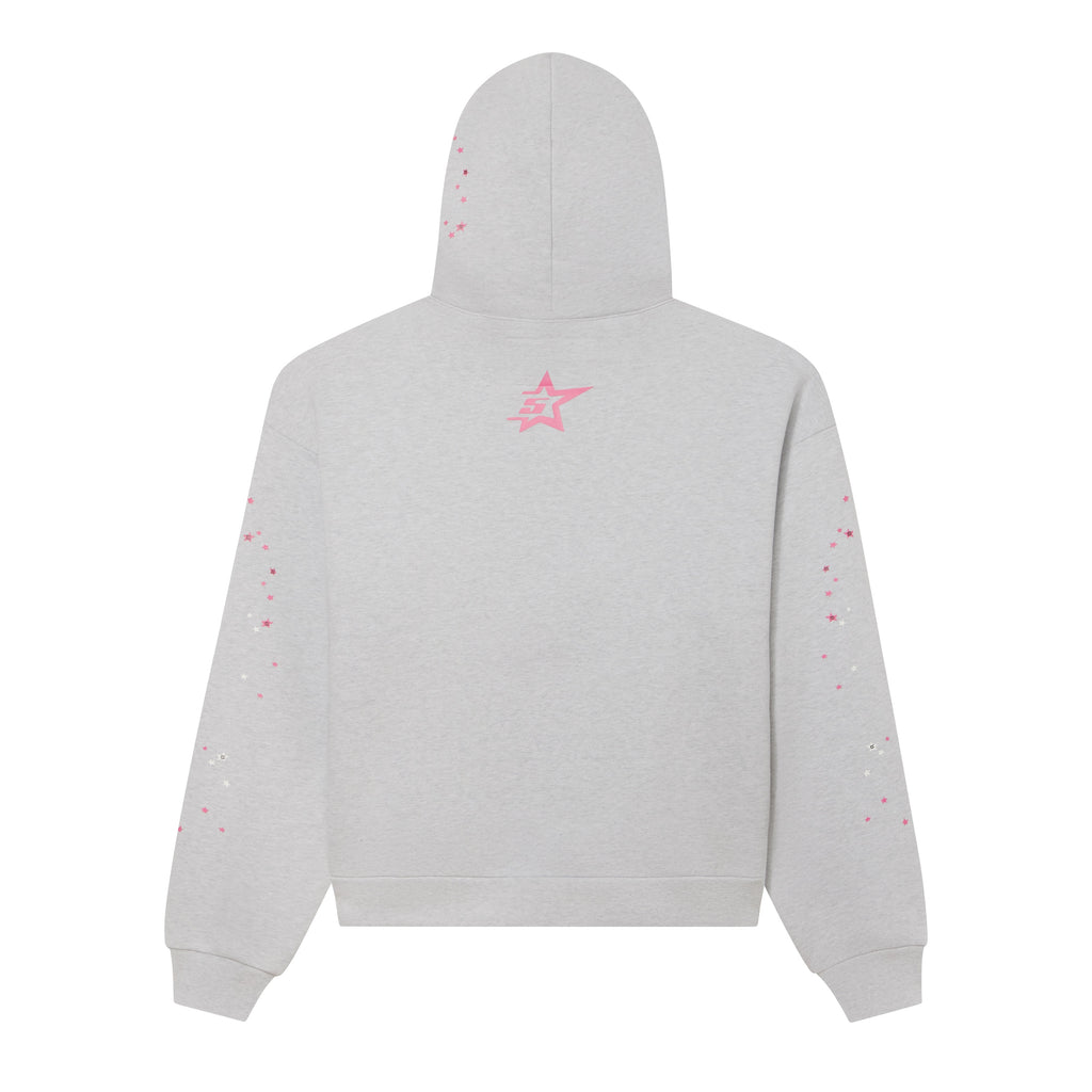 Grey 13oz cotton fleece hoodie featuring a pink 5-star graphic print on the back and scattered star designs throughout.