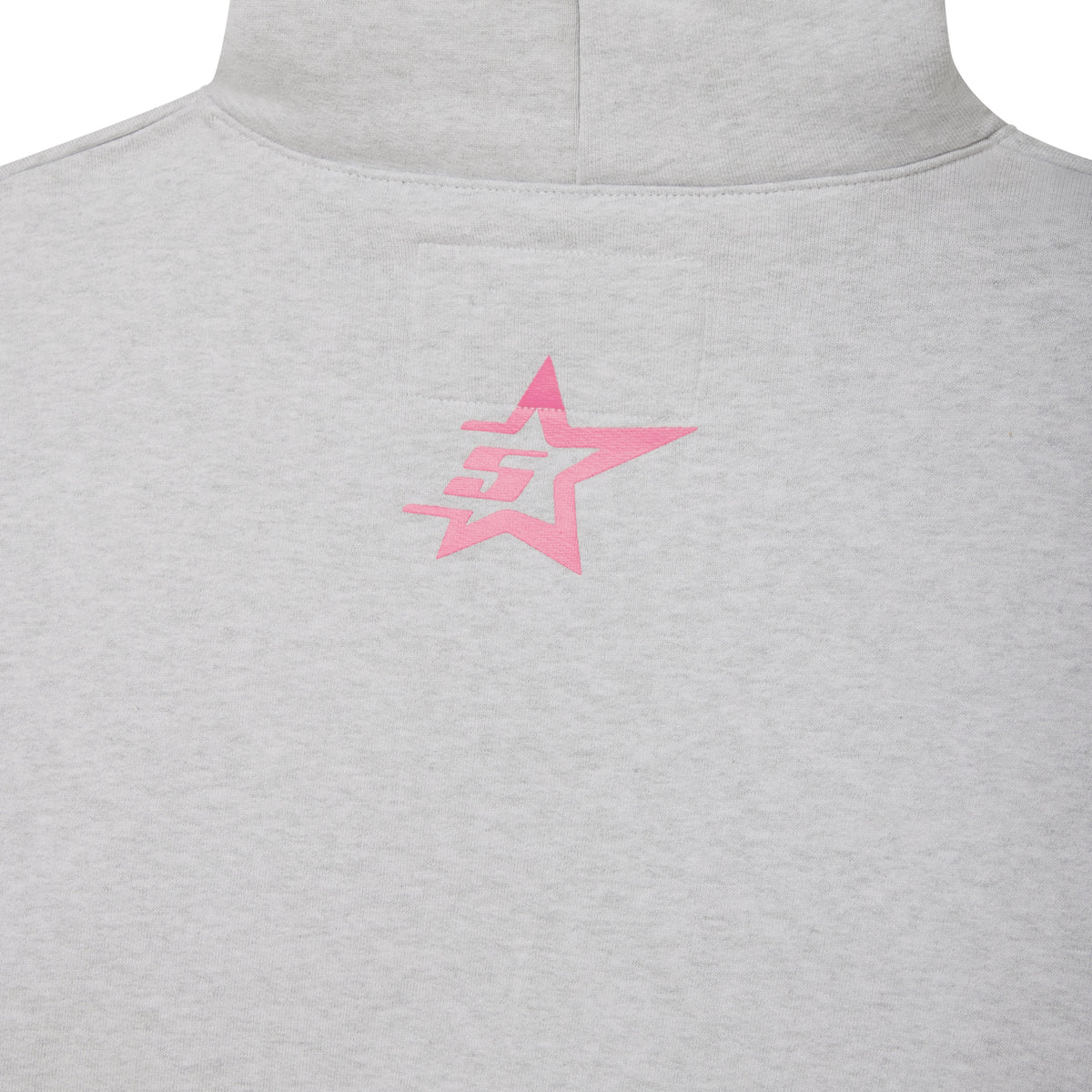 Light grey cotton fleece hoodie featuring a pink 5-star graphic print on the back.