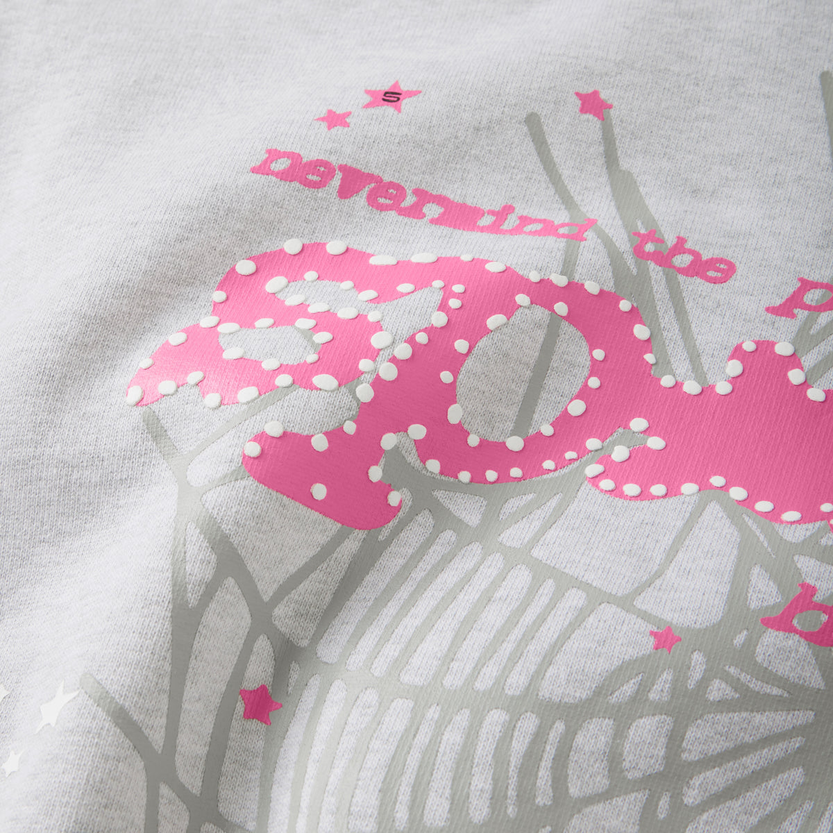 Grey 100% cotton fleece hoodie featuring a pink puff print spider web graphic and scattered star design.