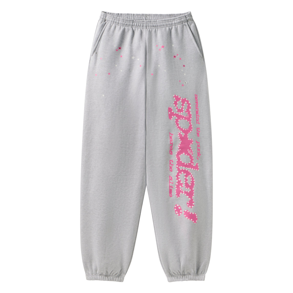Grey 100% cotton fleece sweatpants with pink graphic print, star patterns, elasticized waistband, and cuffs.