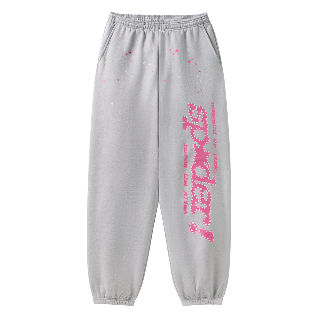 Grey 100% cotton fleece sweatpants with pink graphic print, star patterns, elasticized waistband, and cuffs.