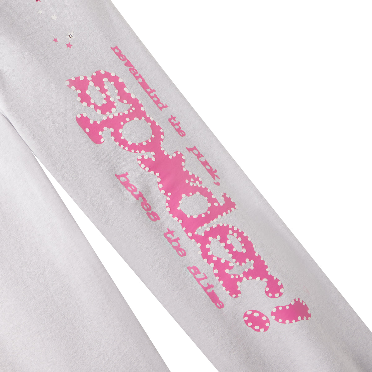 Light gray cotton fleece sweatpants featuring pink puff print SP5DER text and scattered star graphic designs.