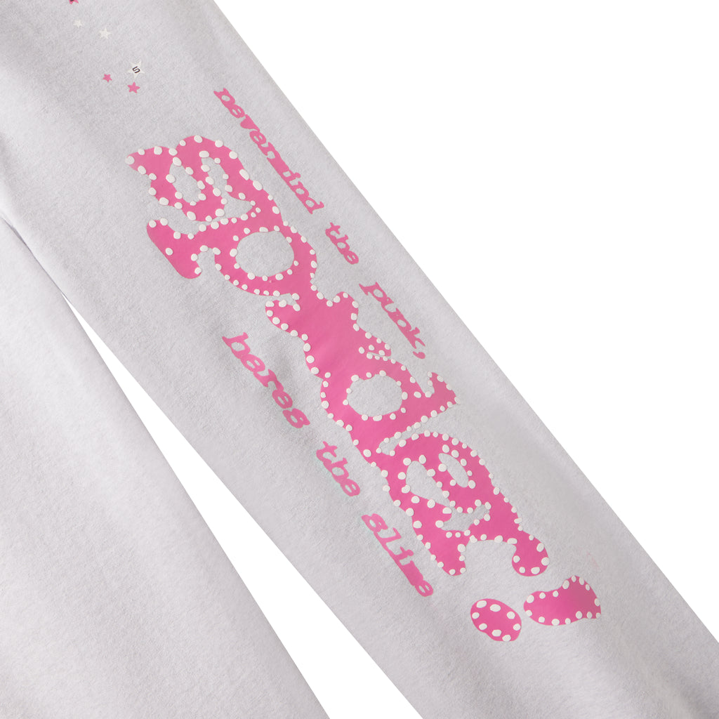 Light gray cotton fleece sweatpants featuring pink puff print SP5DER text and scattered star graphic designs.