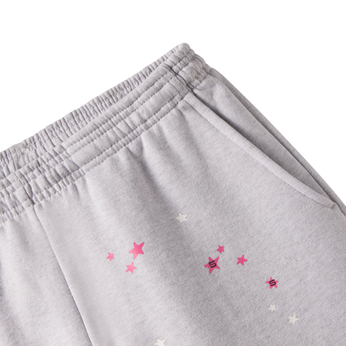 Grey cotton fleece sweatpants with elasticized waistband and scattered pink and white star graphic print.
