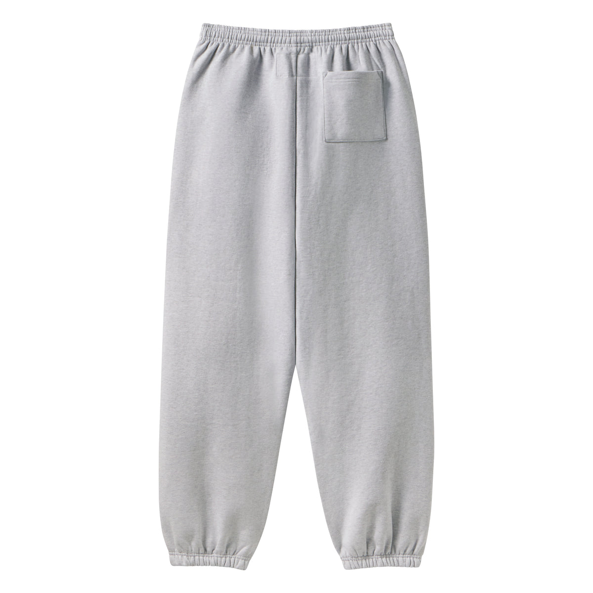 Grey 13oz cotton fleece sweatpants with an elasticized waistband, cuffs, and a single back pocket.
