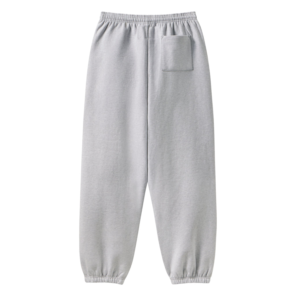 Grey 13oz cotton fleece sweatpants with an elasticized waistband, cuffs, and a single back pocket.