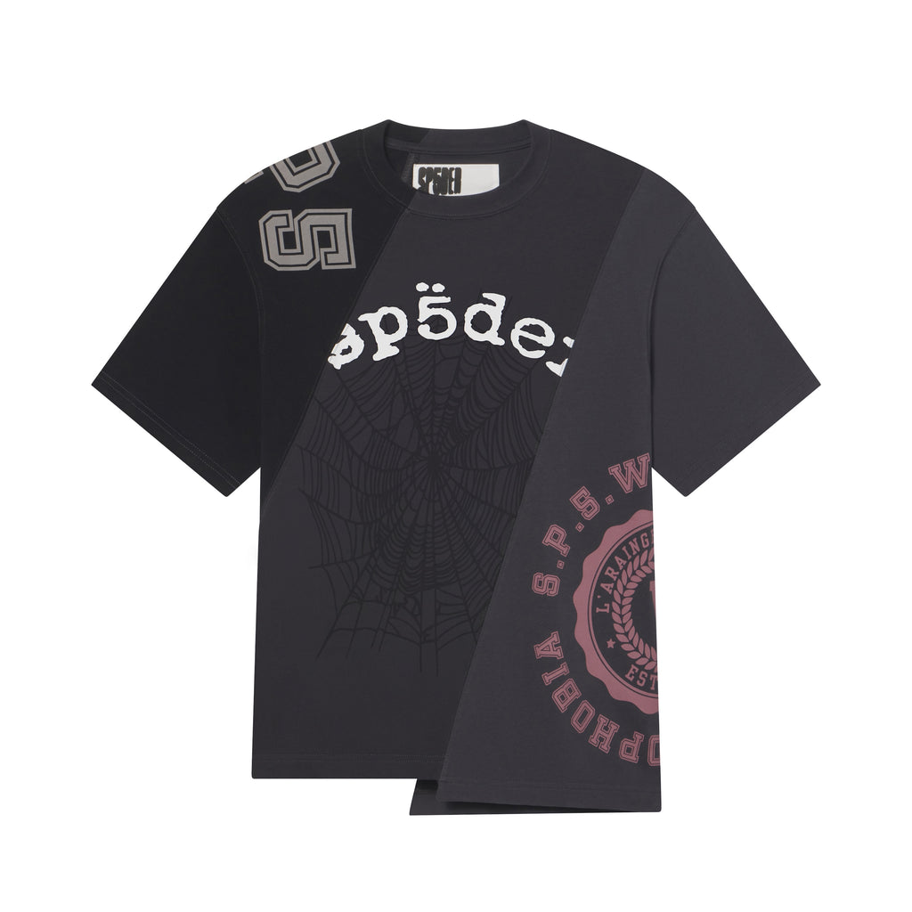 Black cotton asymmetrical tee featuring color-block panels, a web graphic, and collegiate-style graphic prints.