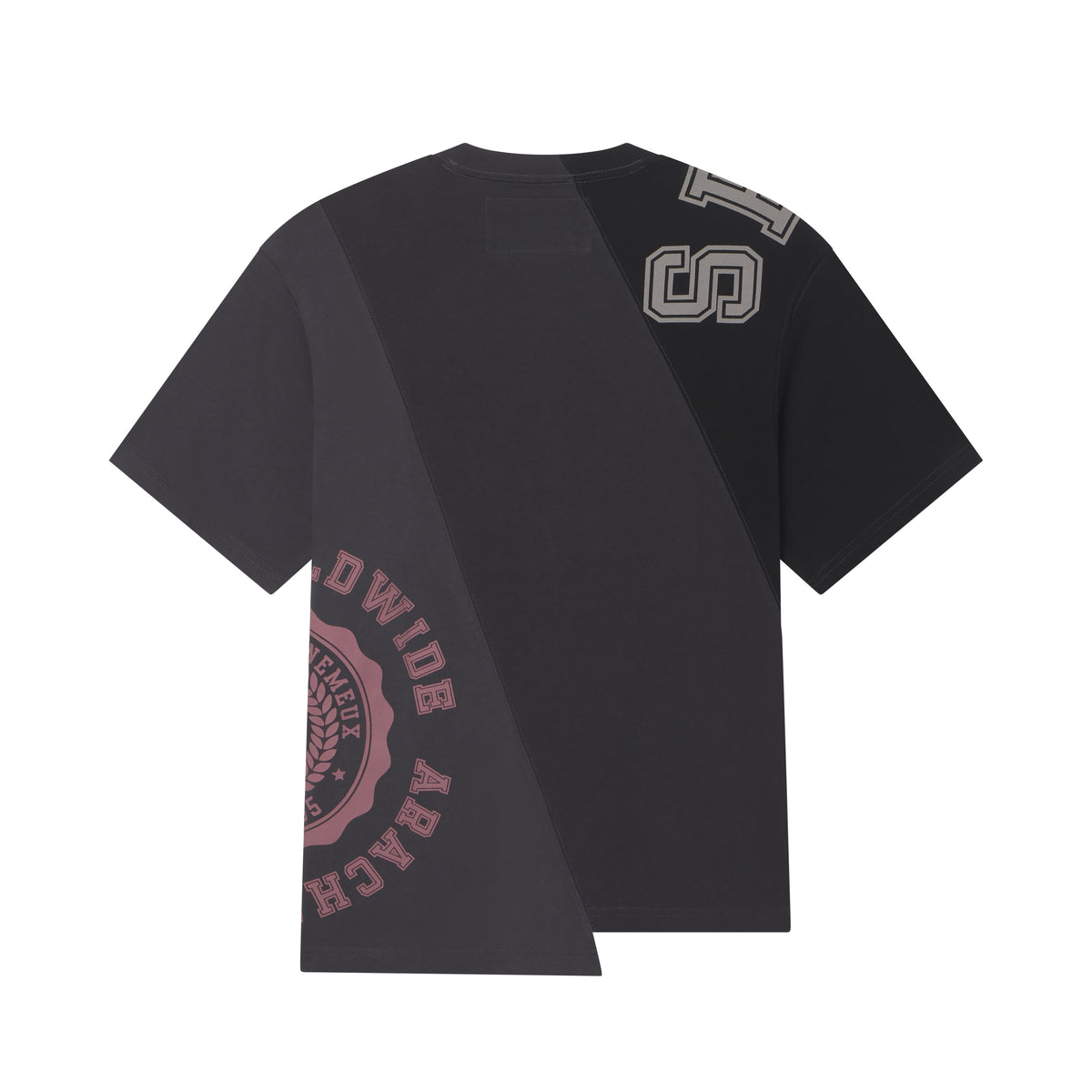 Black 100% cotton asymmetrical tee with color-block panels, collegiate-style graphic prints, and a crew neckline.