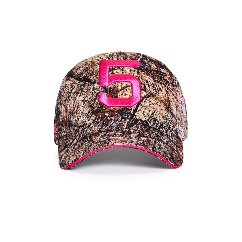 Real Tree Five Cap with curved brim, pink embroidered '5' logo, and cinch strap.