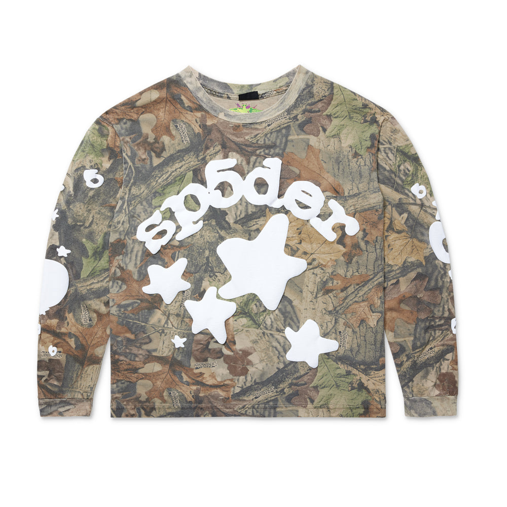 REAL TREE BELUGA LS TEE, vintage camo long-sleeve with white 'SP5DER' and star puff prints.