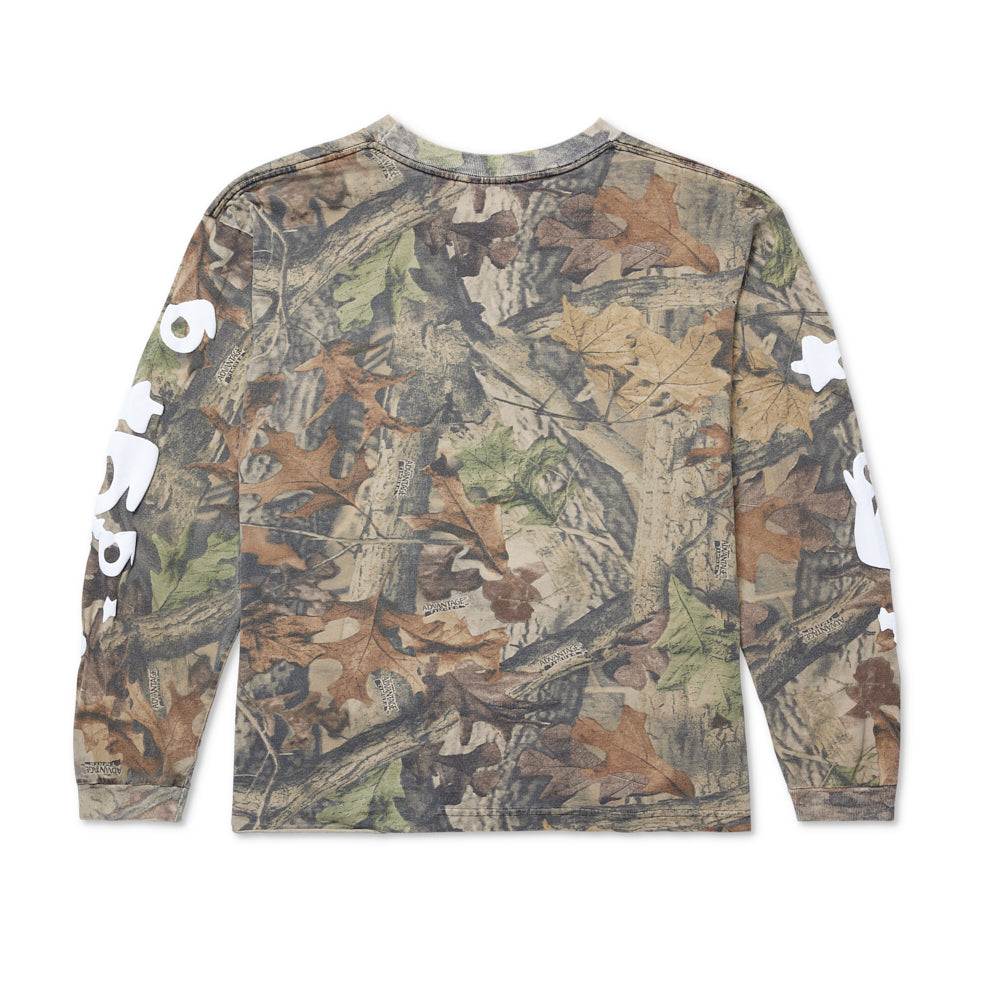 Vintage REAL TREE BELUGA LS TEE, camouflage with white 'SP5DER' and star print on sleeves.