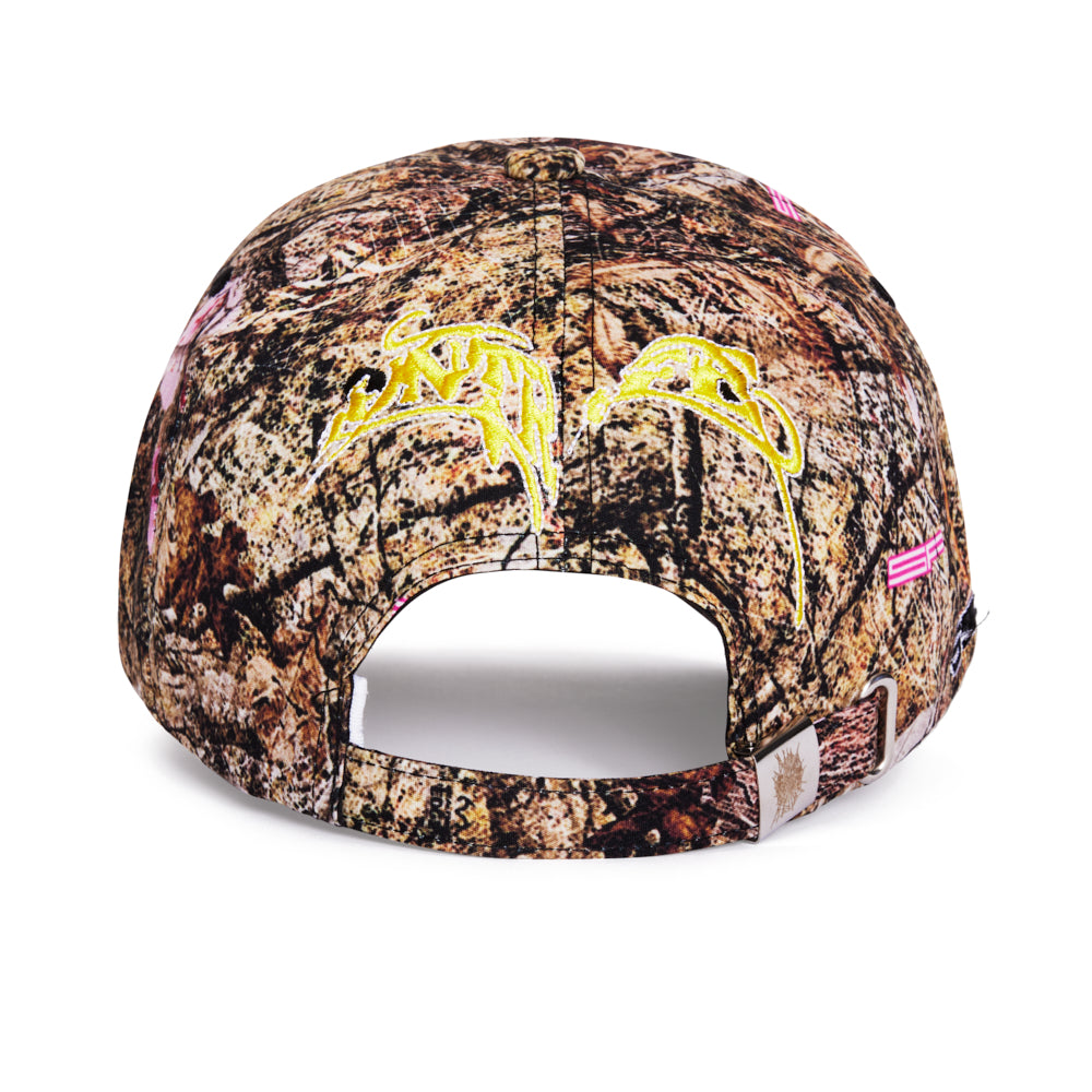 Real Tree camo cap with yellow embroidered antlers and a cinch strap back.