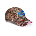 Real Tree camo cap with a curved brim, blue logo embroidery, and pink accents.