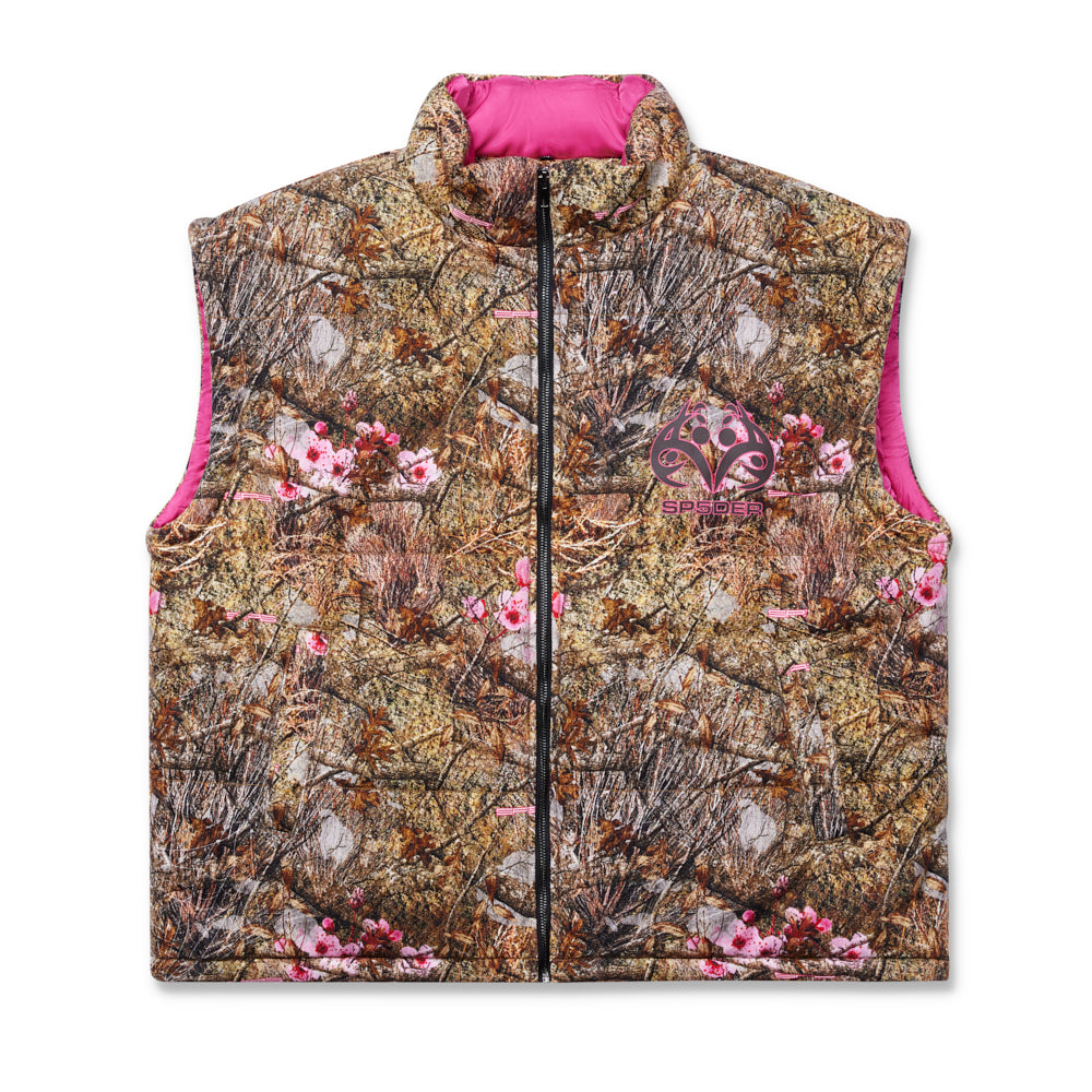 Real Tree Puffer Vest with pink lining, SP5DER logo, and full zip closure.