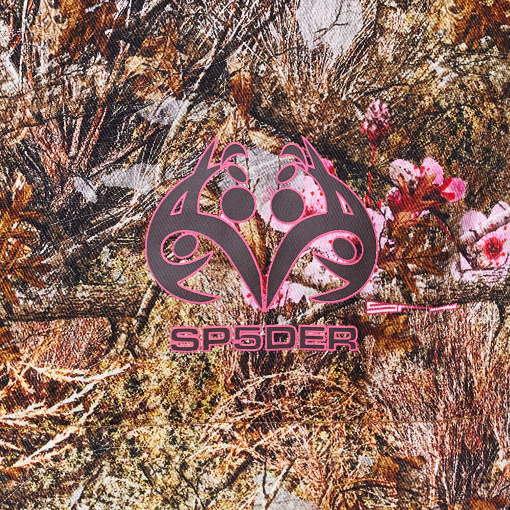Real Tree Puffer Vest with custom pink SP5DER logo on chest.