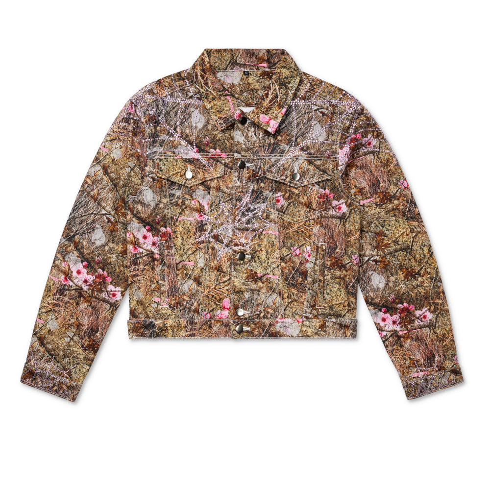 Real Tree Trucker Jacket with rhinestone web, pink floral accents, silver buttons, and spread collar.