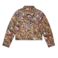 Real Tree Trucker Jacket with rhinestone web, pink floral accents, silver buttons, and spread collar.