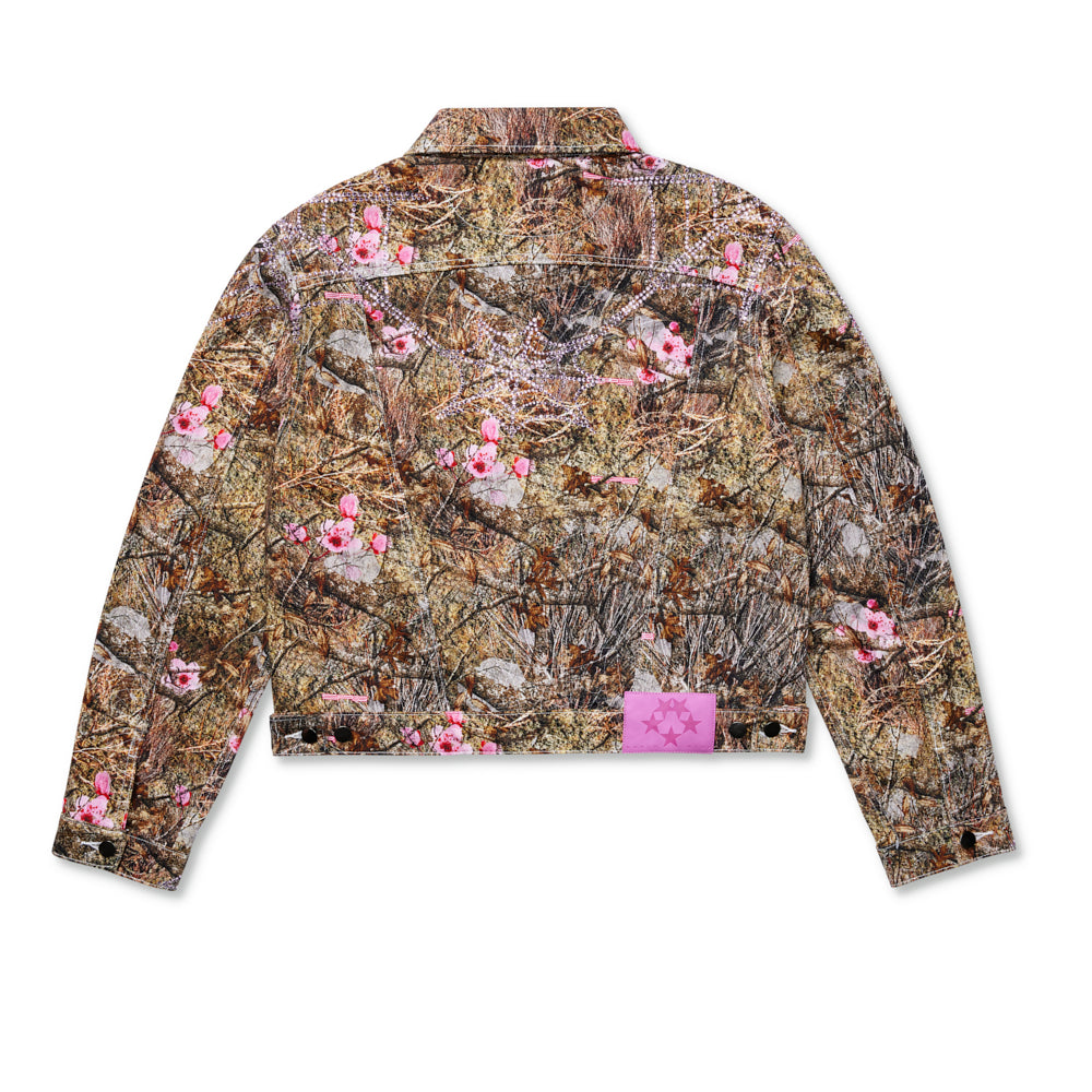 Real Tree Trucker Jacket with pink rhinestone web design, spread collar, and pink leather branded patch.