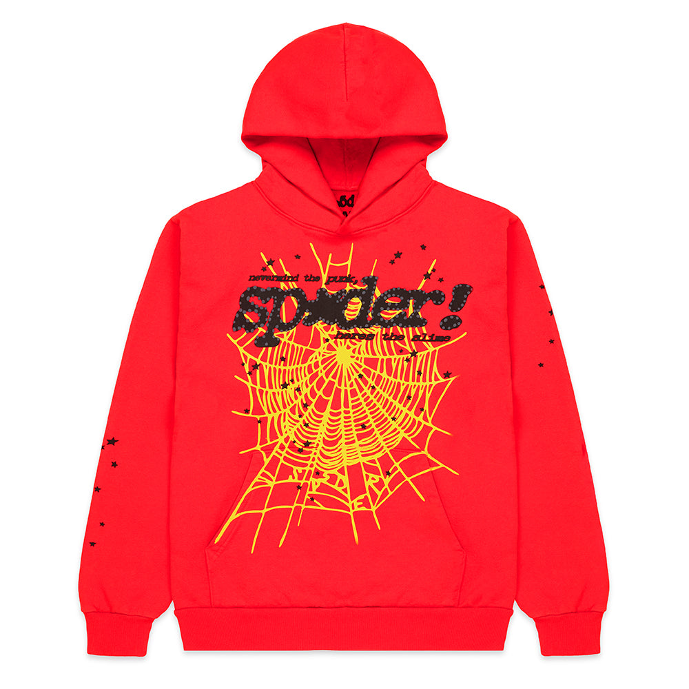 Red P*NK V2 HOODIE with yellow spider web, black SP5DER motif, and star prints.