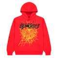 Red P*NK V2 HOODIE with yellow spider web, black SP5DER motif, and star prints.