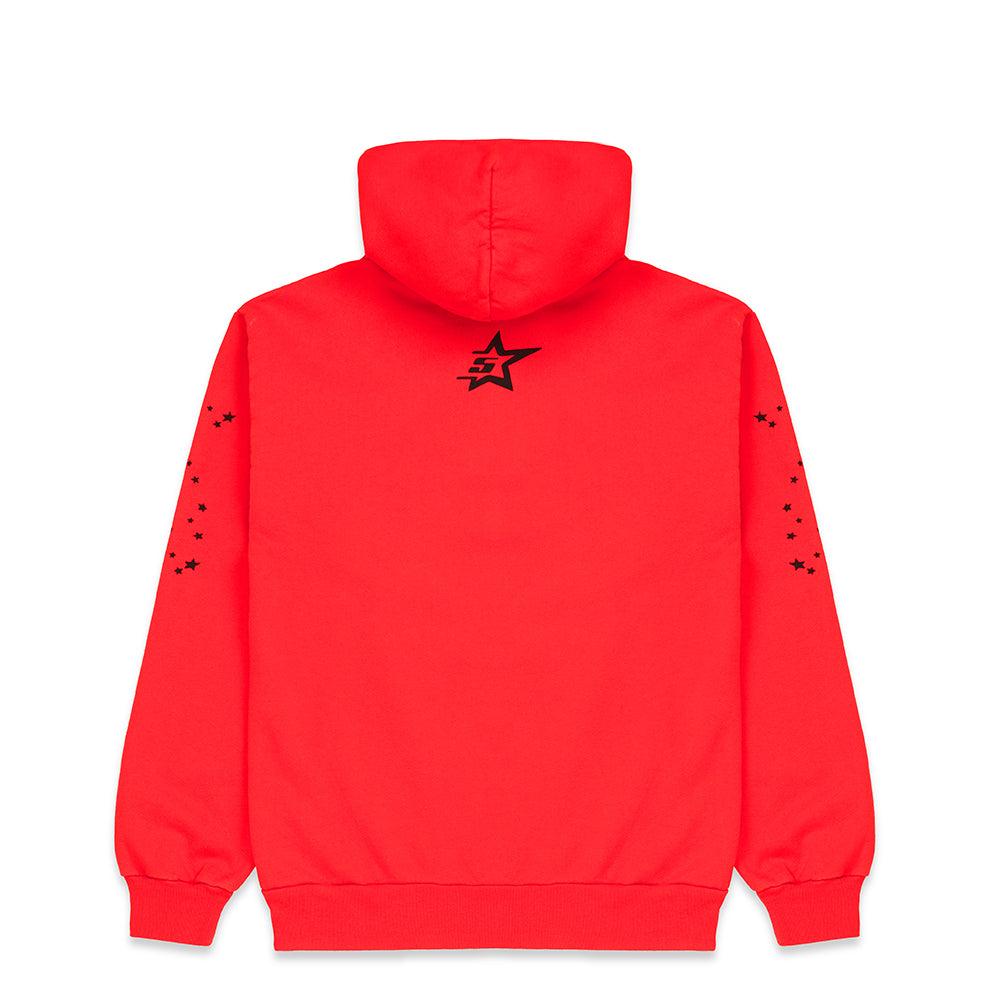 Red P*NK V2 hoodie with black SP5DER star logo on back and star prints on sleeves.