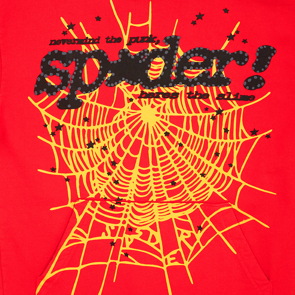 Red P*NK V2 hoodie with yellow spider web, black "Sp5der!" puff print, and star motifs.