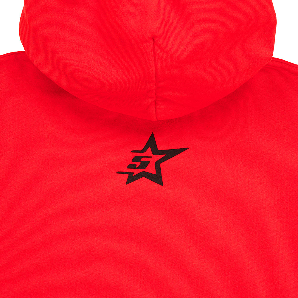 Red P*NK V2 hoodie with black SP5DER motif and star print on the back.