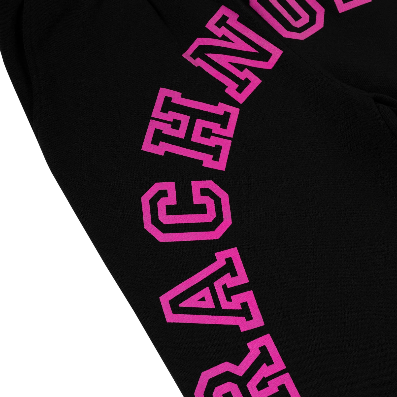Black cotton fleece sweatpants with arched pink "ARACH" text puff print along the leg.